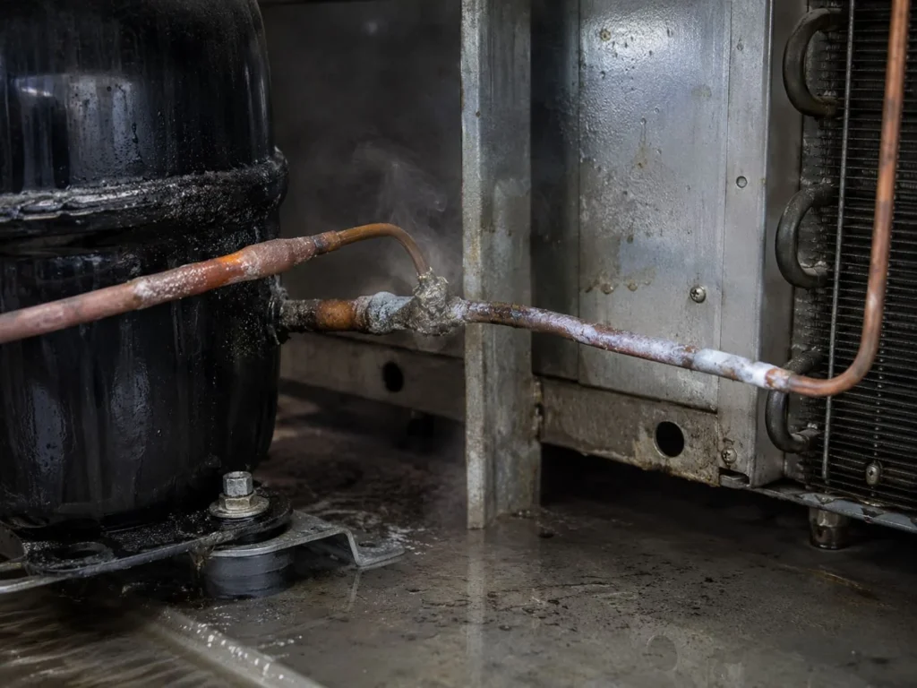 Kebocoran refrigerant pada paip peti sejuk komersial