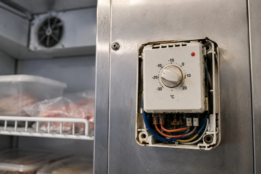 Thermostat peti sejuk komersial rosak dengan tetapan suhu yang tidak tepat