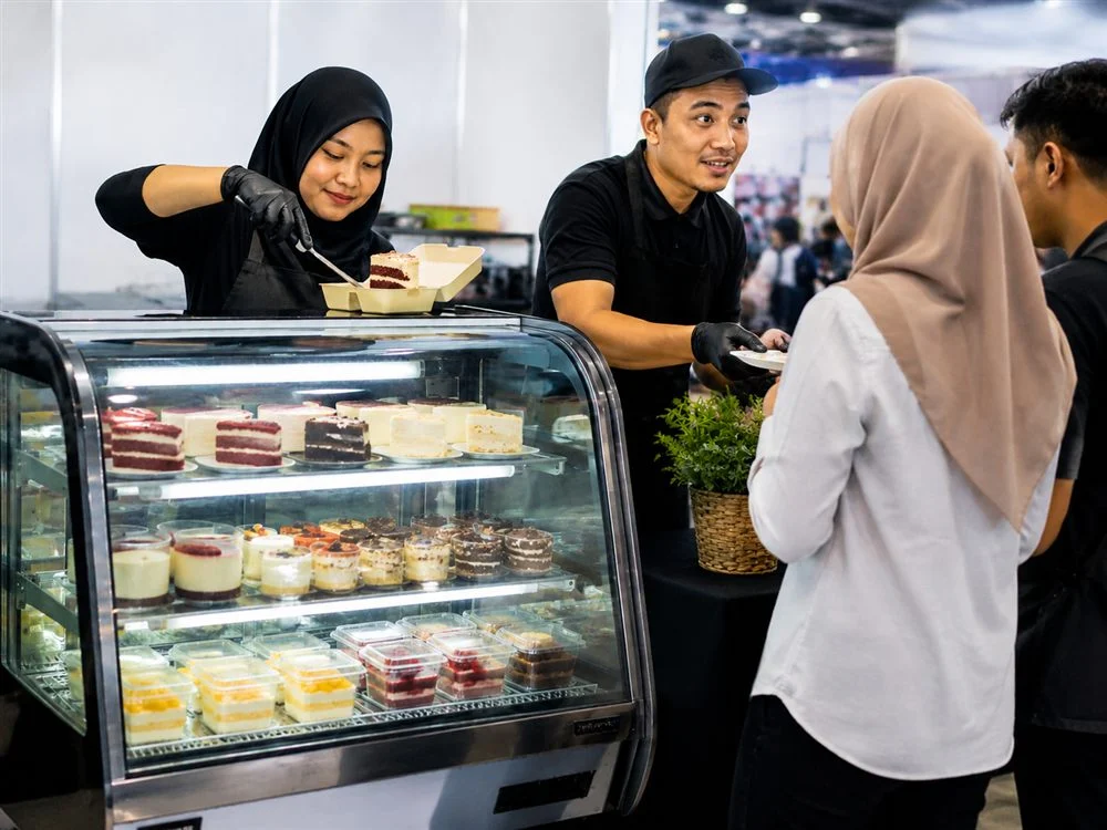 Solid Cool event refrigeration rental with cake showcase at a dessert booth in Malaysia