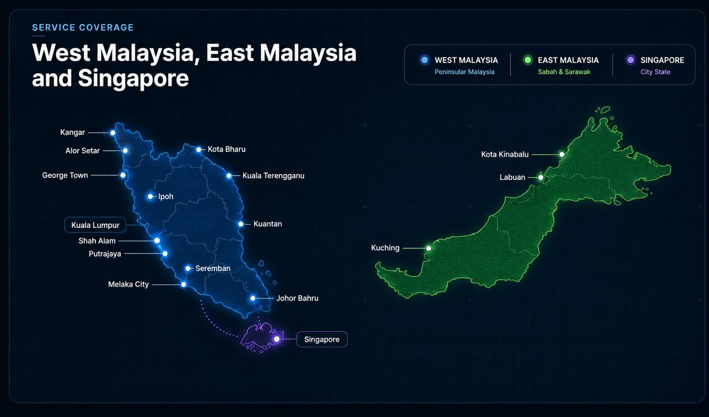 Solid Cool service coverage map for West Malaysia, East Malaysia and Singapore